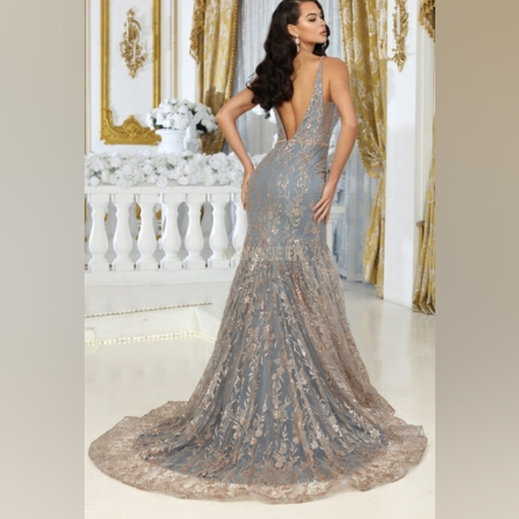 Navy/gold or charcoal/gold mermaid fitted beaded long floor length gown - Picture 7 of 9